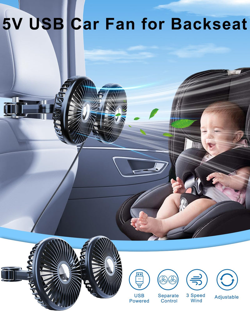 Car Fan for Back Seat, [Comes with Car Charger*1] 360°Rotatable USB Car Seat Fan for Baby Rear Facing, 3 Speeds Separate Control Car Fan for Backseat Kids, Car Cooling Fan for Vehicles SUV RV