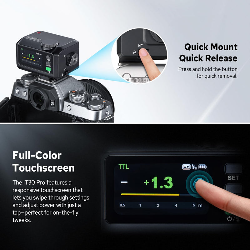 Godox iT30Pro-F Flash for Fujifilm, 2.8" Full-Color Touchscreen, 2.4G X Wireless TTL 1/8000 HSS Speedlight, 1.5s Recycle, 560 Full Power Flashes with Built-in Battery Portable Pocket Flash (Black) iT30Pro F for Fujifilm (Black)