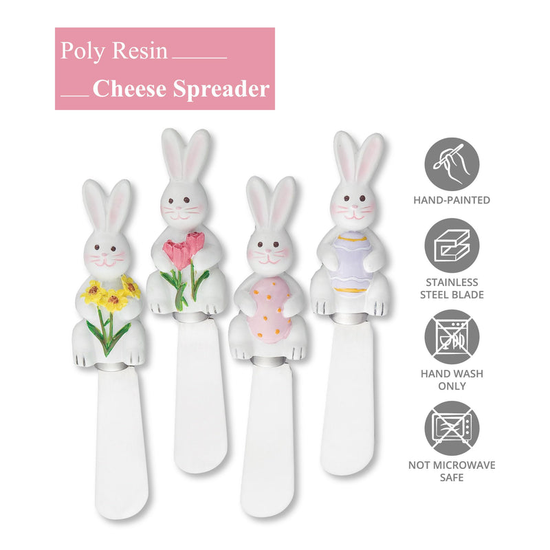 Wine Things Easter Bunny Cheese Spreaders, Hand-Painted Resin Handles with Stainless Steel Blades for Spreading Cream Cheese, Butter, and Jam, Assorted Designs, Set of 4