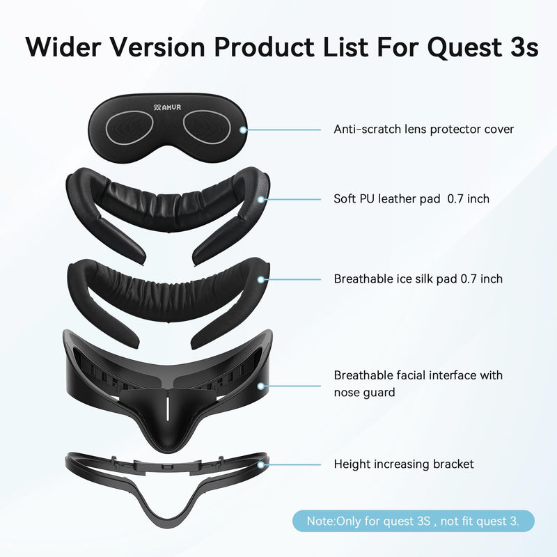 AMVR Facial Interface Face Pad Cover Compatible with Meta/Oculus Quest 3S Accessories, Comfort PU and Breathable Ice Silk Cotton Cushion Replacement, Not fit Quest 3 (Wider Version)