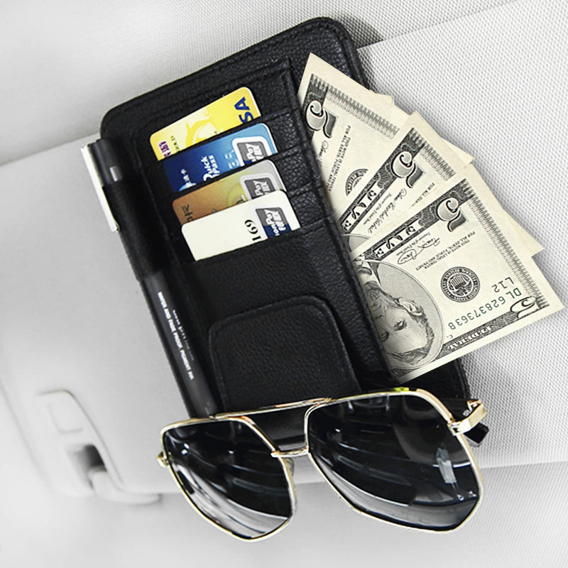 Small Leather Car Sun Visor Organizer for Car Truck, Sunglass Holder, Car Card Sleeve Pocket Organizer, Car Visor Document Holder, Car Registration and Drving License, Invoices, Pen, Chapstick Black, Classic Style