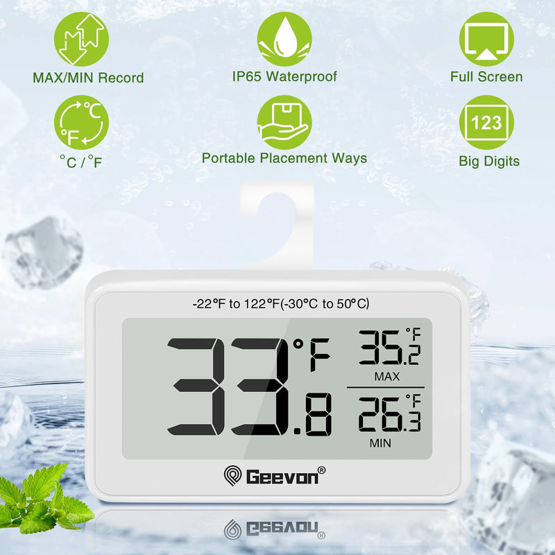 Geevon 4 Pack Refrigerator Thermometer Digital Fridge Thermometer IP65 Waterproof with Large LCD Display,Max/Min Record Function,Magnetic Back,for Fridge,Freezer Scenarios White-4Pack