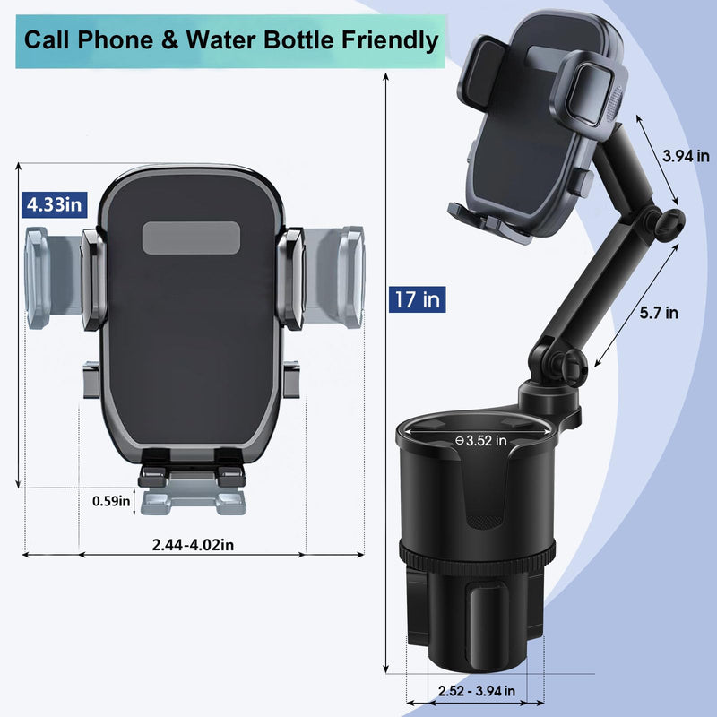 Car Cup-Holder Phone-Mount with Long Arm - 2 in 1 Adjustable Cup Holder Expander with Rubber and Expandable Base for 8-32oz Bottle, Cell Phone Stand Holder Friendly Fit iPhone & All Mobile Smartphones Large
