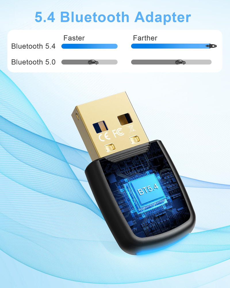 5.4 Bluetooth Dongle - 20M Range USB Adapter for PC, Plug and Play, Supports Laptop Headphones, Keyboard, Mouse - Windows 11/10/8.1