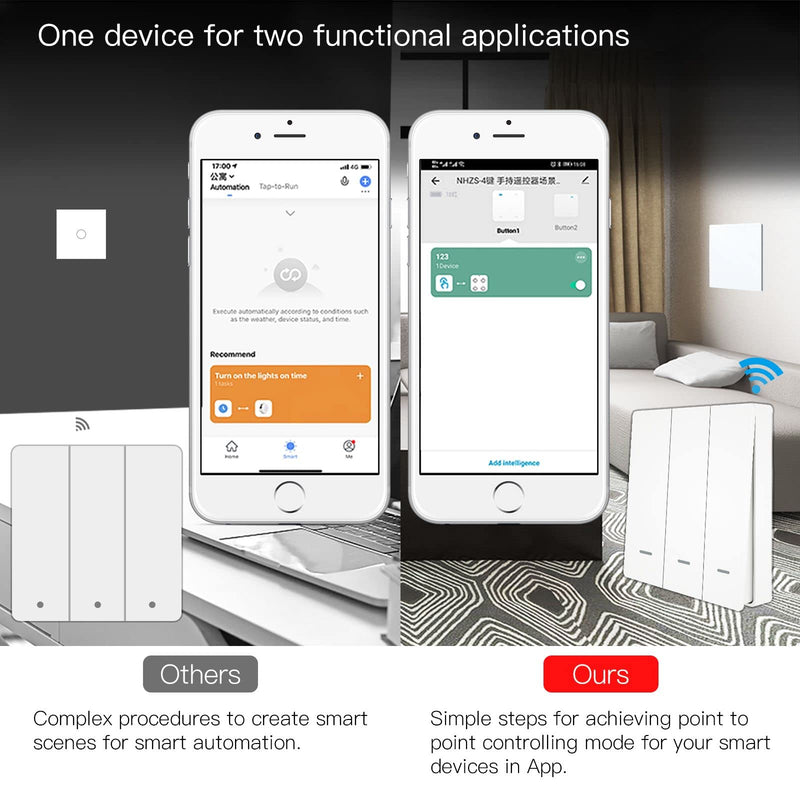 MOES Tuya ZigBee Wireless 3 Scene Switch Mechanical Push Button Controller Battery Powered Transmitter Switch via Smart Life App Smart Home Automation Scenario for Smart Devices 1 Gang