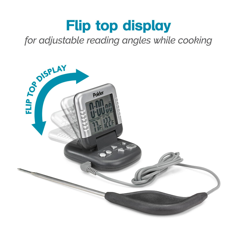Polder Classic Digital Thermometer and Timer, Meat Thermometer for Cooking, Stainless Steel Probe, 24-Hour Countdown Timer with 40" Long, High-Heat Silicone Cord Graphite