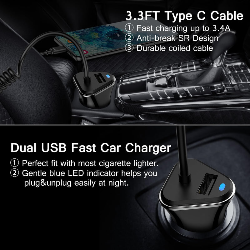 USB C Fast Samsung Car Charger with 3ft Type C Coiled Cable for Samsung Galaxy A55 A15 A35 A54 S24 S23 Ultra S22 S21 FE S20 S10 A14 A13 A53,3.4A Android Car Phone Charger Adapter for iPhone 15 Pro Max