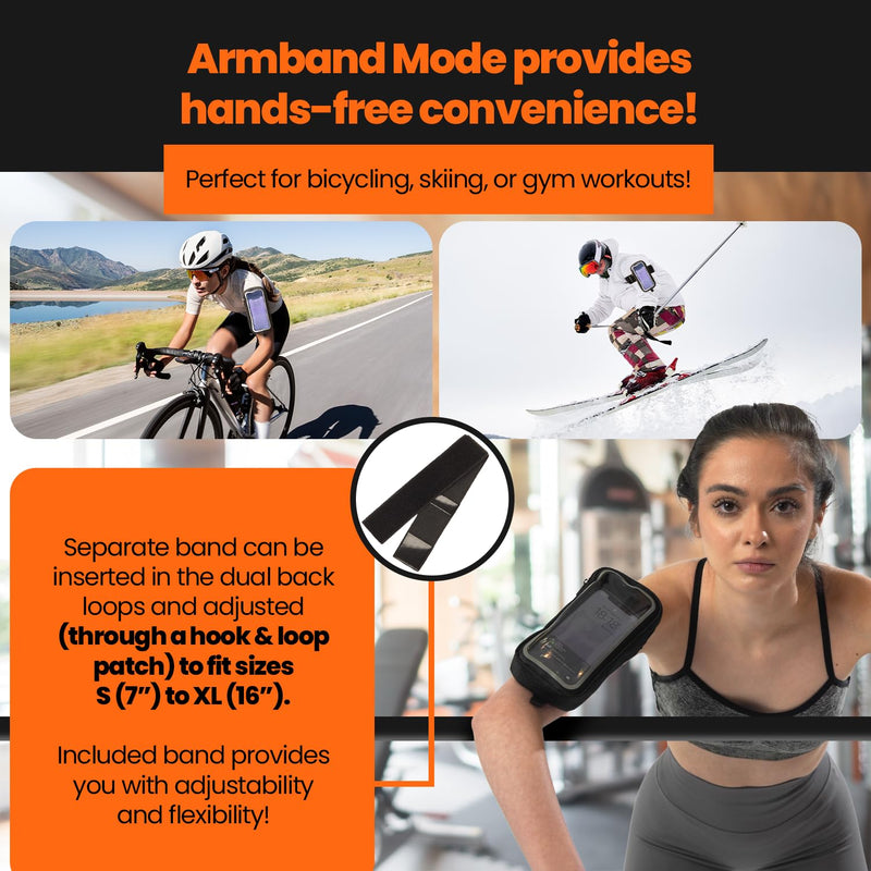 Ultimate 3-in-1 Essentials Carrier: Running Handheld Phone Holder, Hiking Pouch Belt Holster & Fitness Armband Case - with Clear Window, Fits iPhones and Most Androids - Water Resistant, Adjustable! Stylish Black