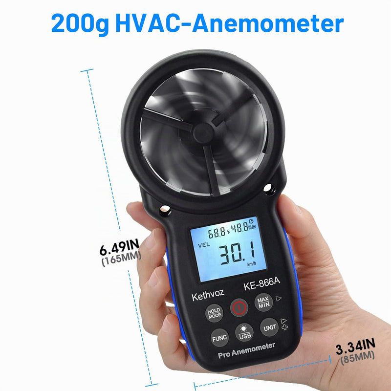 Wind Gauge HVAC Anemometer, Kethvoz Wind Meter CFM Air Flow Tester Wind Speed Meter Measure Air Flow Speed Wind Temperature for Air Vent Dust Collection Drone Shooting KE-866A