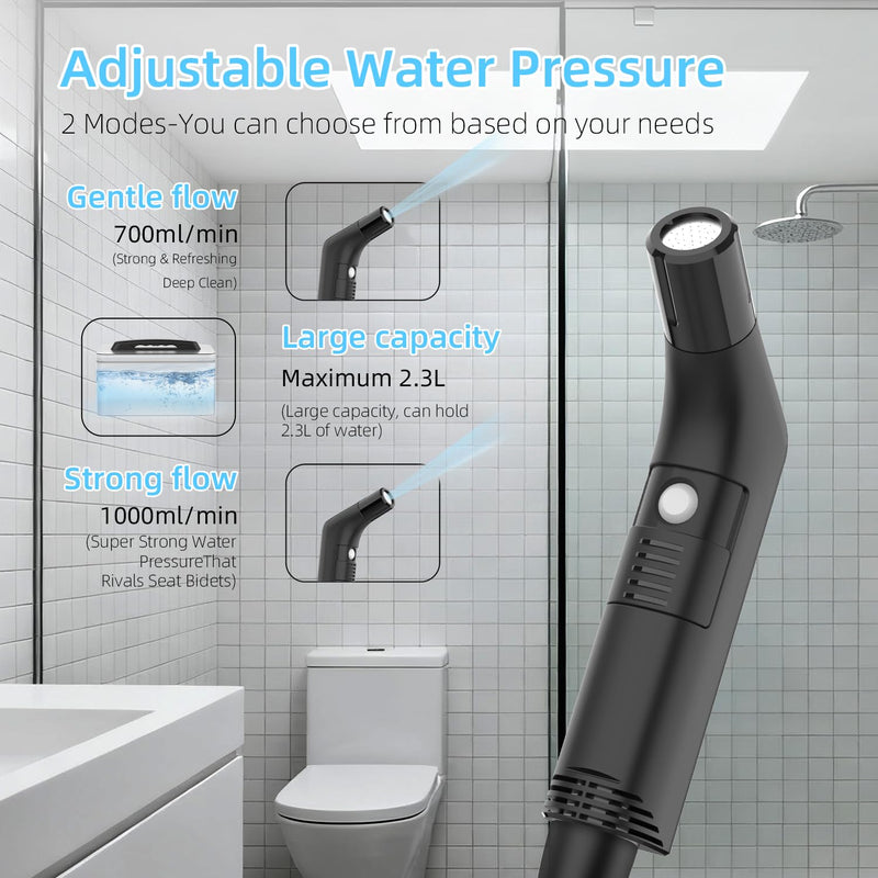 Portable Bidet for Travel with Soft and Strong Water Pressure Modes, USB-C Rechargeable Travel Bidet, Large 2.3L Water Tank for Home and Camping Use (Black) Black