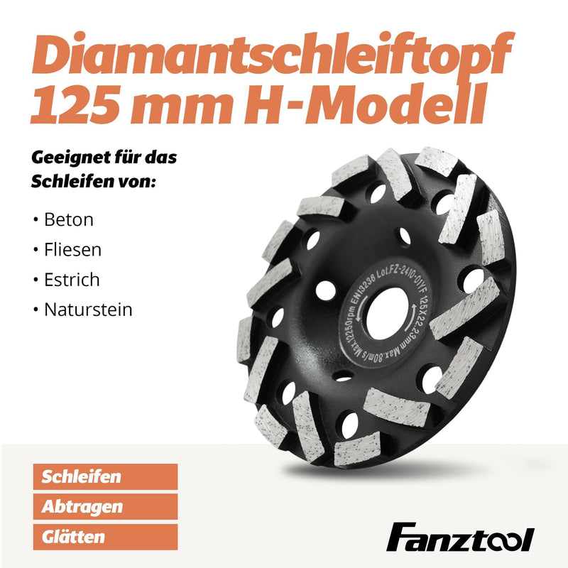 FANZTOOL Premium Diamond Cup Wheel Abrasive 125 mm x 22.2 mm Sanding Disc for Abrasive Building Materials, Screed, Plaster, Asphalt 125 mm - Diamond