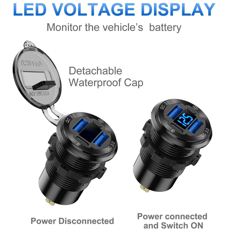 2 pack 12V USB Outlet Wire Aluminum Car Charger Multi Port, Dual USB Quick Charge 3.0 Port and PD USB C Socket with Voltmeter Switch for Car Boat Marine Truck RV, Fast Charge for Phones iPad, etc.