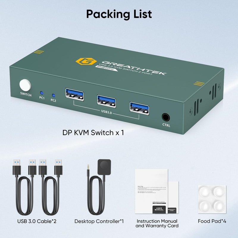 KVM Switch 1 Monitors 2 Computers Displayport 8K@60Hz, USB3.0 KVM Switch Displayport with 3 USB 3.0 Ports EDID Adaptive Sharing Mouse Keyboard and Monitor Plug and Play 2 IN 1 OUT