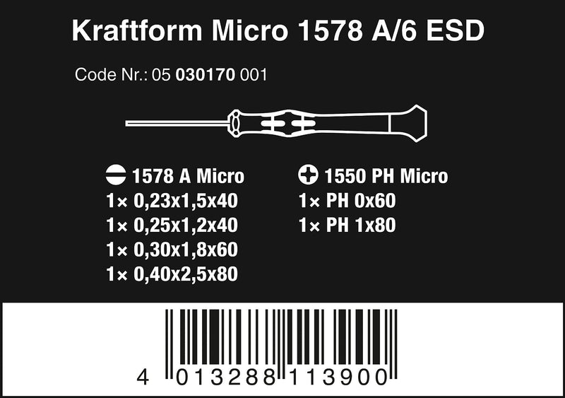 Wera 05030170001 1578 A/6 ESD Screwdriver set and rack for electronic applications, 6 pieces