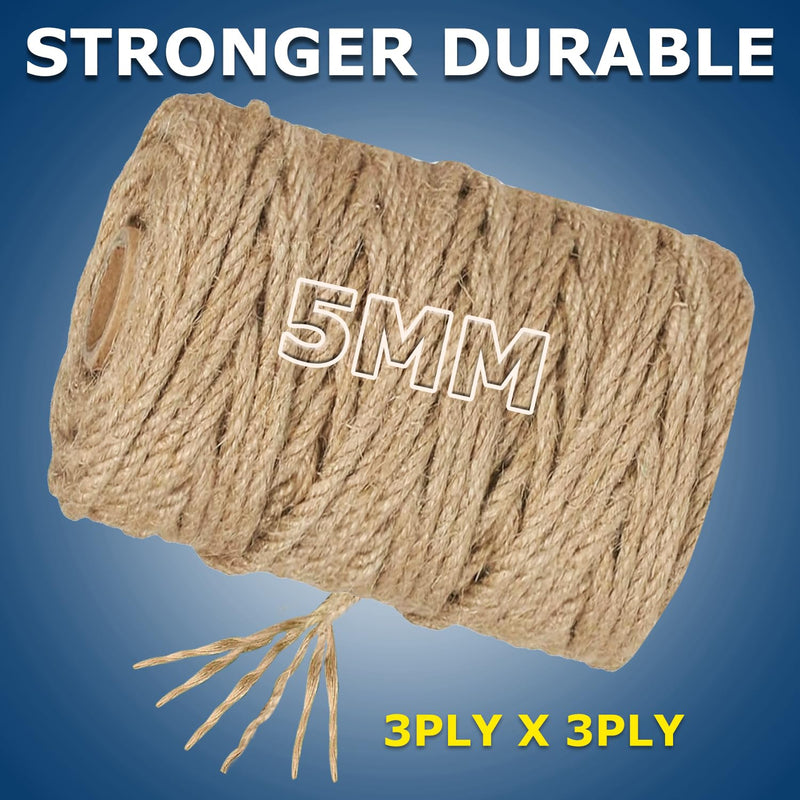 5MM Jute Rope, 100 Feet 6Ply Twisted Heavy Duty and Thick Twine Rope for Crafts Projects Cat Scratcher Scratching Post Tree Gift Wrapping Arts & Crafts Home Decoration Packing Christmas Twine Bulk Brown 5mmX100ft (30.5m)