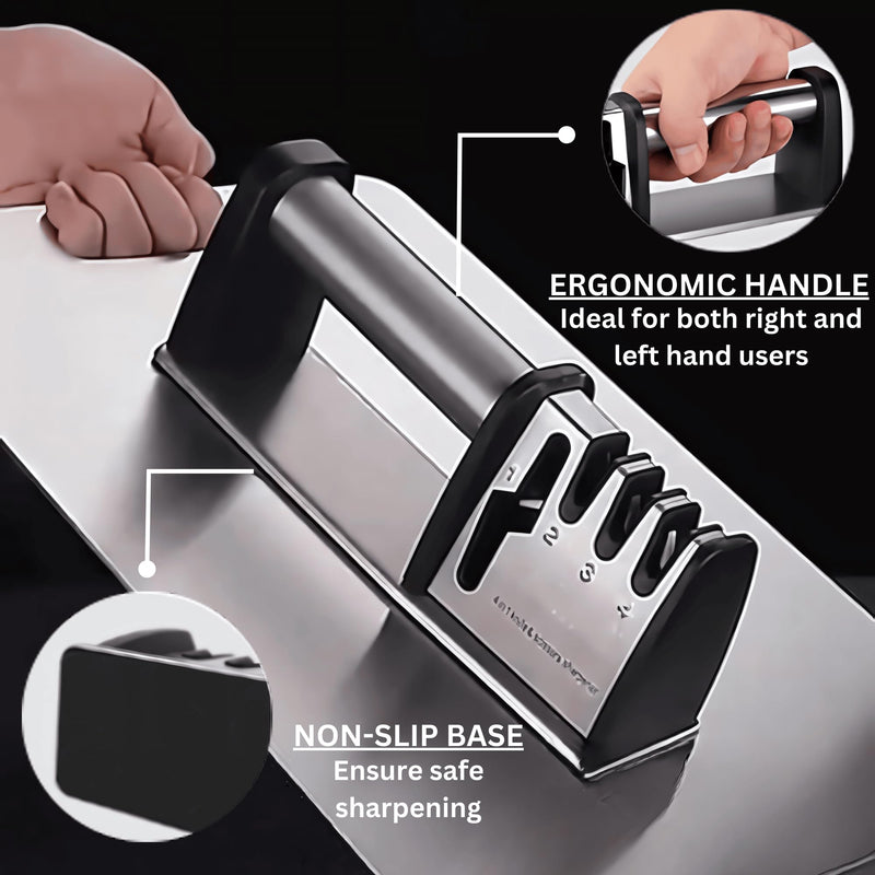 Knife Sharpener, 4 in 1 Knife and Scissors Sharpener, Stainless Steel Sharpening Tool for Kitchen Knives with Non Slip Rubber Base, Ergonomic Handle, Compact Design, Durable Build, Black