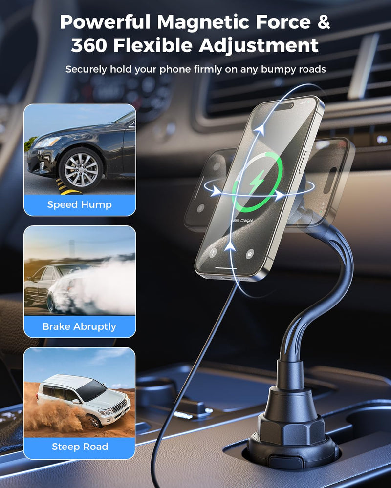 SUPERONE 2025 Upgraded for MagSafe Cup Holder Charger, MagSafe Car Mount Charger 15W Fast Charging with Adjustable Gooseneck for iPhone 17 16 15 14 13 12 Pro Max Plus Mini MagSafe Case 15W Charger Cup Holder