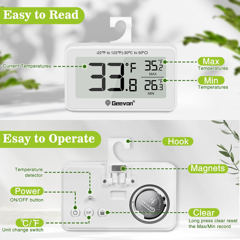 Geevon 4 Pack Refrigerator Thermometer Digital Fridge Thermometer IP65 Waterproof with Large LCD Display,Max/Min Record Function,Magnetic Back,for Fridge,Freezer Scenarios White-4Pack