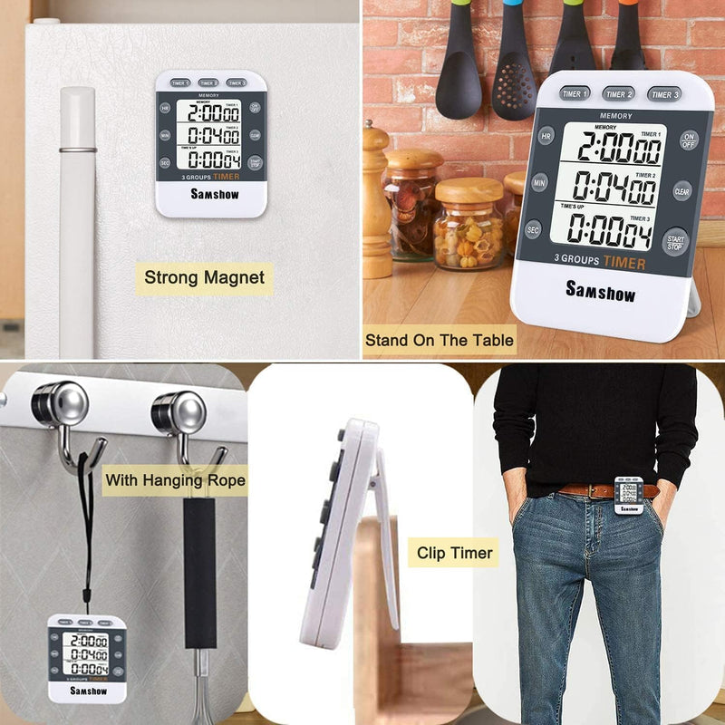 Samshow (2 Pack) Digital Kitchen Timers for Cooking Triple Timer Count UP/Down Dual Timer Large LCD Display, White 382*2