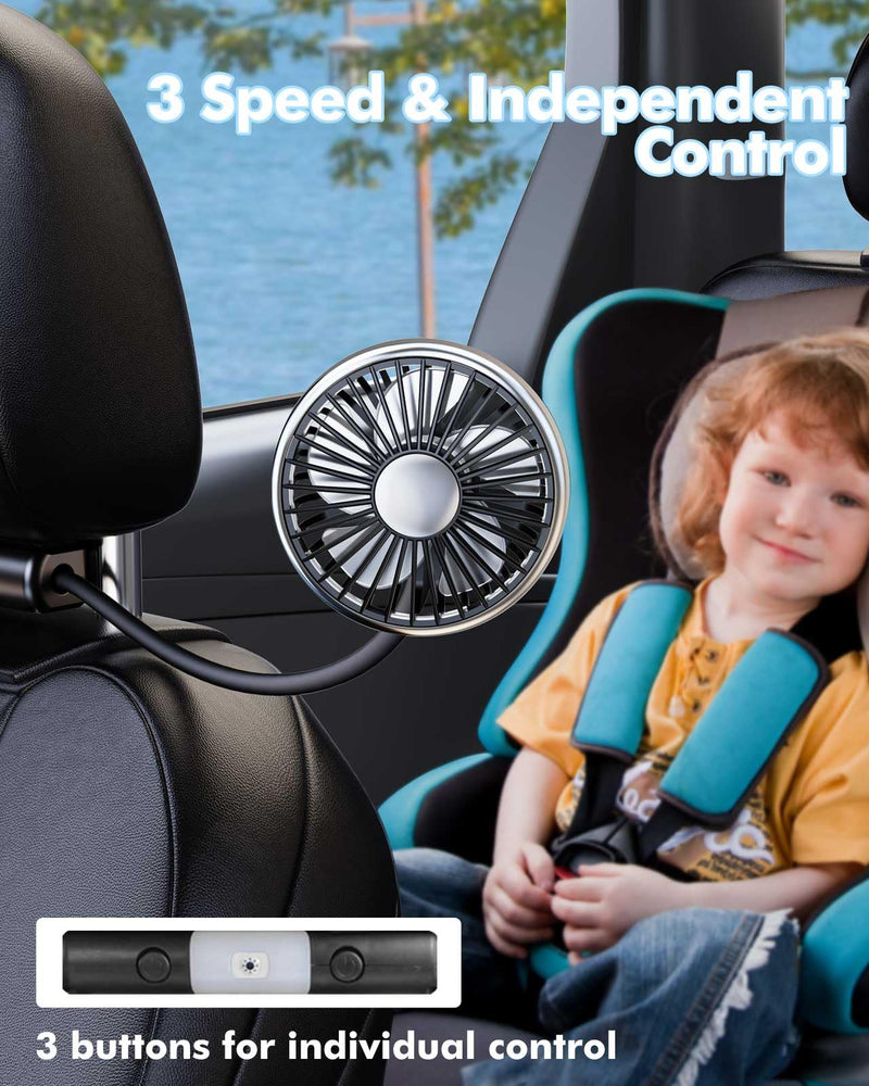Hose Car Fan for Backseat Kids with Led Lights, USB Fan for Backseat of Car, Independent Control 3 Speeds 360°Rotatable Car Seat Fan for Baby Rear Facing, Back Seat Fan for Vehicles RV SUV Black and White