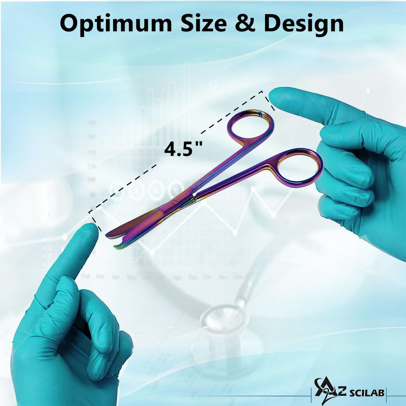 Suture Stitch Scissors with Multi Rainbow Color Titanium Coating- Premium Quality Instrument- Delicate Hook - Stainless Steel - Perfect for Suture Removal, First Aid, EMS Training 4.5"