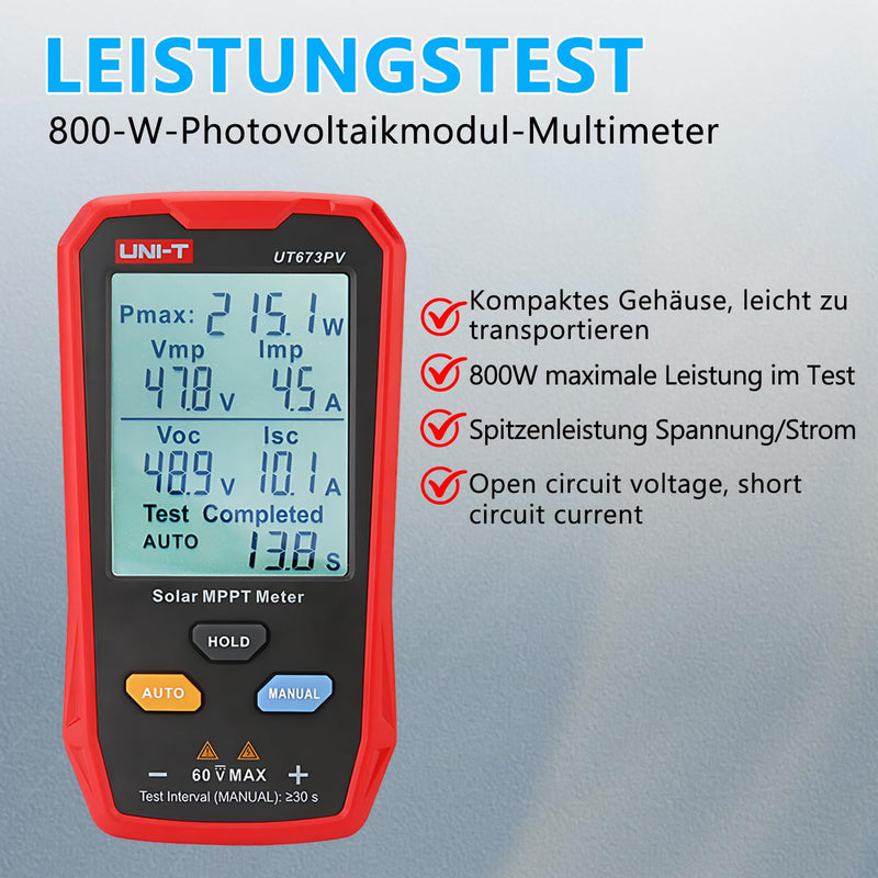 Solar Panel Tester 800W Solar Meter, Solar MPPT Power Meter with LCD Display, Photovoltaic Solar Panel Tester Power Meter