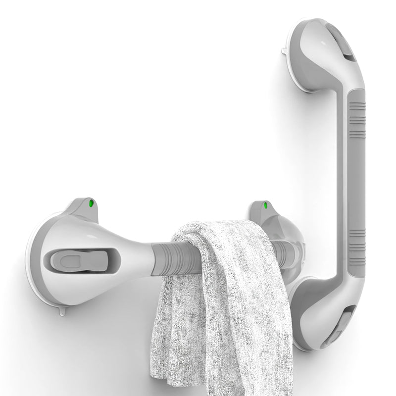 17“ Suction Shower Grab Bar with Indicators, Tool-Free Installation, Steady Handle for Balance Assist for Bathtub, Toilet, Bathroom, Dual Tone, Silver/Gray 2-Pack 17in, Pack of 2 Gray