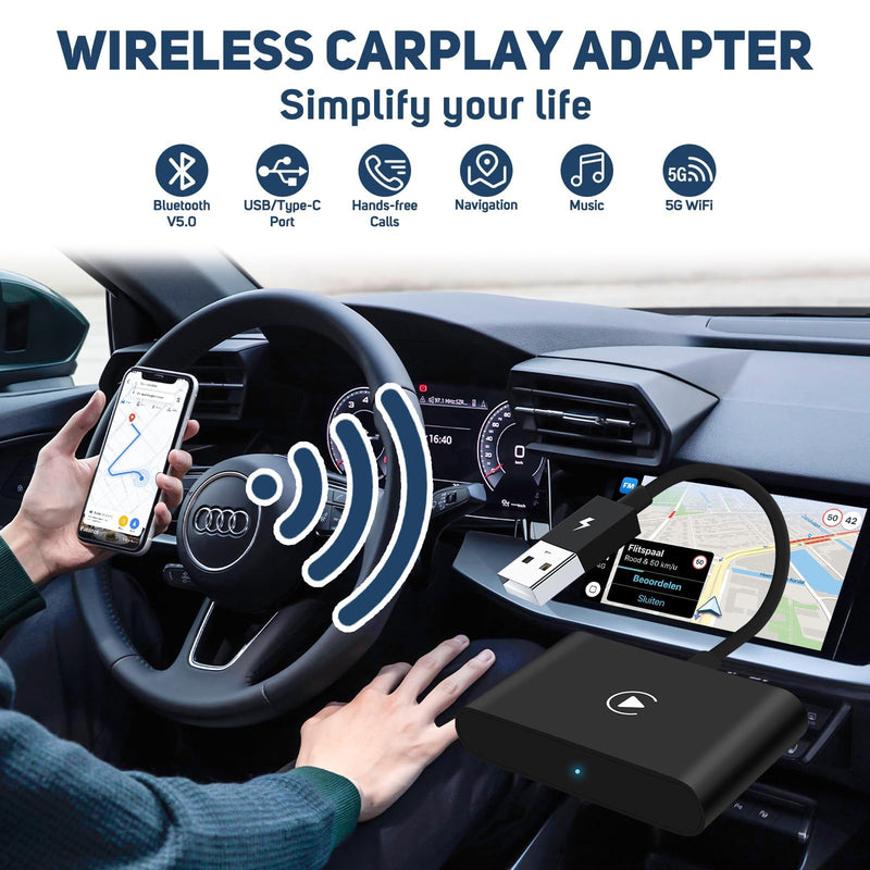 Wireless Carplay Adapter for Factory Wired CarPlay Wireless Adapter Plug & Play Wired to Wireless CarPlay Dongle 2024 Update Low Latency Black