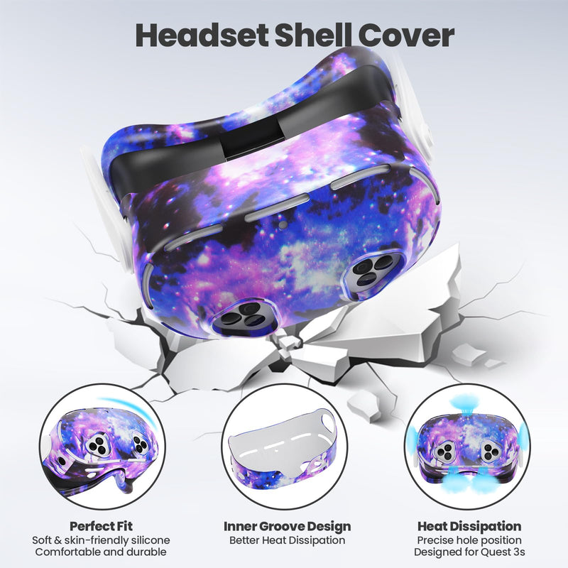 Silicone Cover Set Compatible with Meta/Oculus Quest 3s Accessories, VR Silicone Face Cover, VR Shell Cover,Touch Controller Grip Case,Camera Lens Protector Set (Starry Purple)