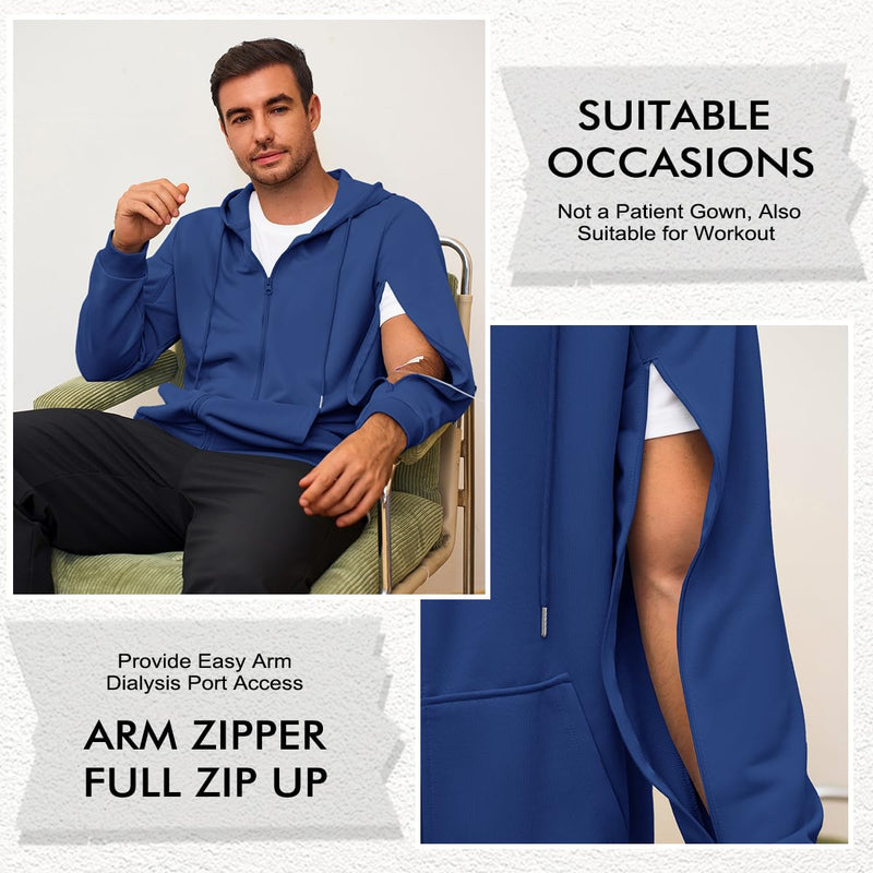 Runcati Mens Dialysis Sweatshirts Full Zip Lightweight Hemodialysis Jacket Warm Hoodie Sweatshirt with Arm Zipper Navy X-Large
