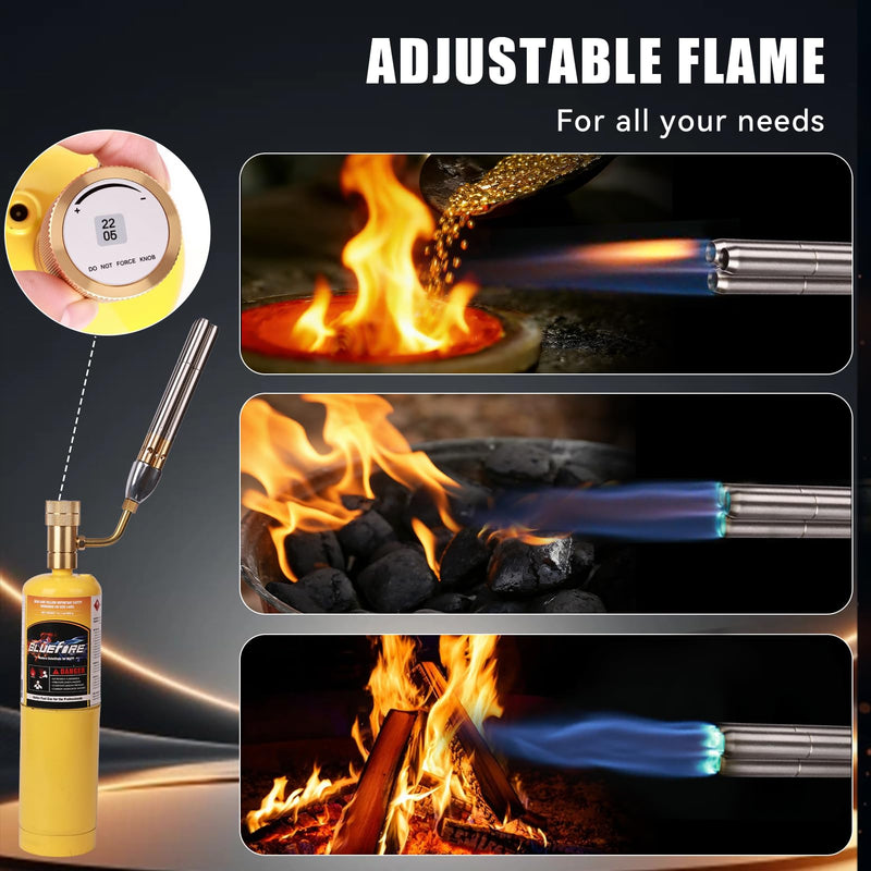 BLUEFIRE Triple Flame Barrel Turbo Torch Head High Output 25590 BTU Heavy Duty Gas Welding Nozzle Fuel by MAPP MAP Pro Propane Brazing Soldering Large Dia Pipes Flamethrower