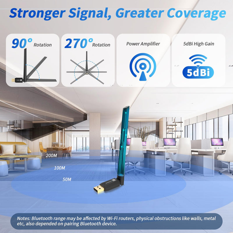 Long Range Bluetooth 6.0 Adapter for PC, Built-in PA for 5dBi High-Gain Wireless USB Dongle for Windows 11/10/8.1 Laptop Desktop, Plug & Pair w/Bluetooth Headphones Speaker Keyboard Mouse