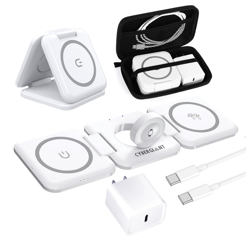 3 in 1 Wireless Charging Station for Apple Devices - Portable Foldable Magnetic Charger Stand for iPhone Airpods Apple Watch iWatch, Travel Charger for Multiple Devices w/Adaptor&Case