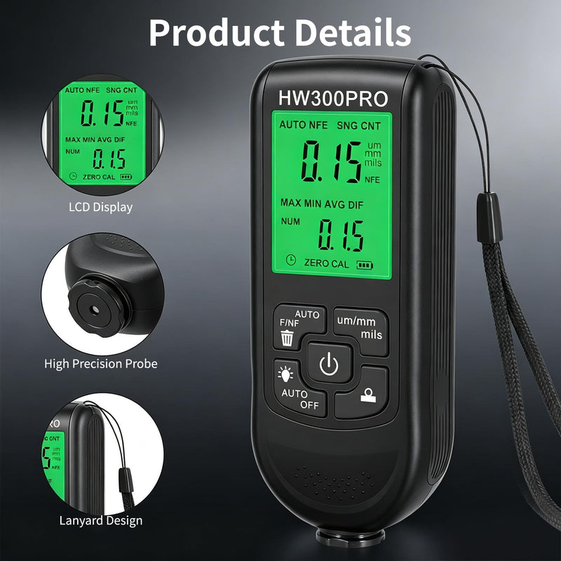 Digital Coating Thickness Gauge, Precise Paint Thickness Gauge Car with LCD Display, Measuring Range 0-2000µm, Suitable for Body, Iron and Aluminum Surfaces