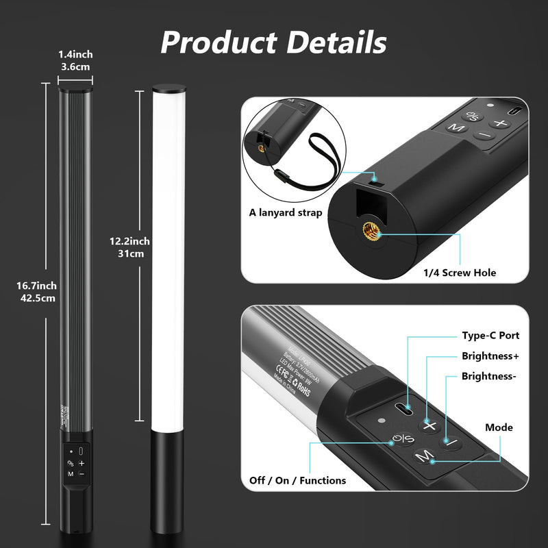 Handheld RGB Studio Tube Light with 1000 Lumens & Rechargeable 2600mAh Battery & Adjustable Brightness & Color, LED Light Stick for Photography, Video, Gaming