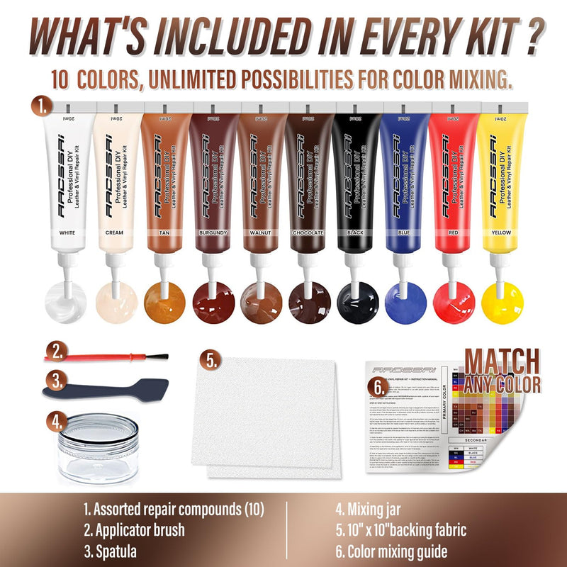 Leather Repair Kit for Furniture, Sofa, Jacket, Car Seats and Purse. Vinyl Repair Kit. Super Easy Instructions to Match Any Color, Restore Any Material, Bonded, Italian, Pleather, Genuine