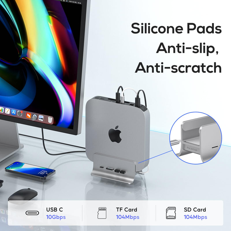 USB C Hub for Mac mini, 5 in 1USB Hub Adapter Support M.2 NVMe SSD Expand, Docking Station with 2 USB C 10Gbps, SD/TF Card Reader, M.2 SSD (Not Included) 5 in 1 Mac Mini Stand Hub