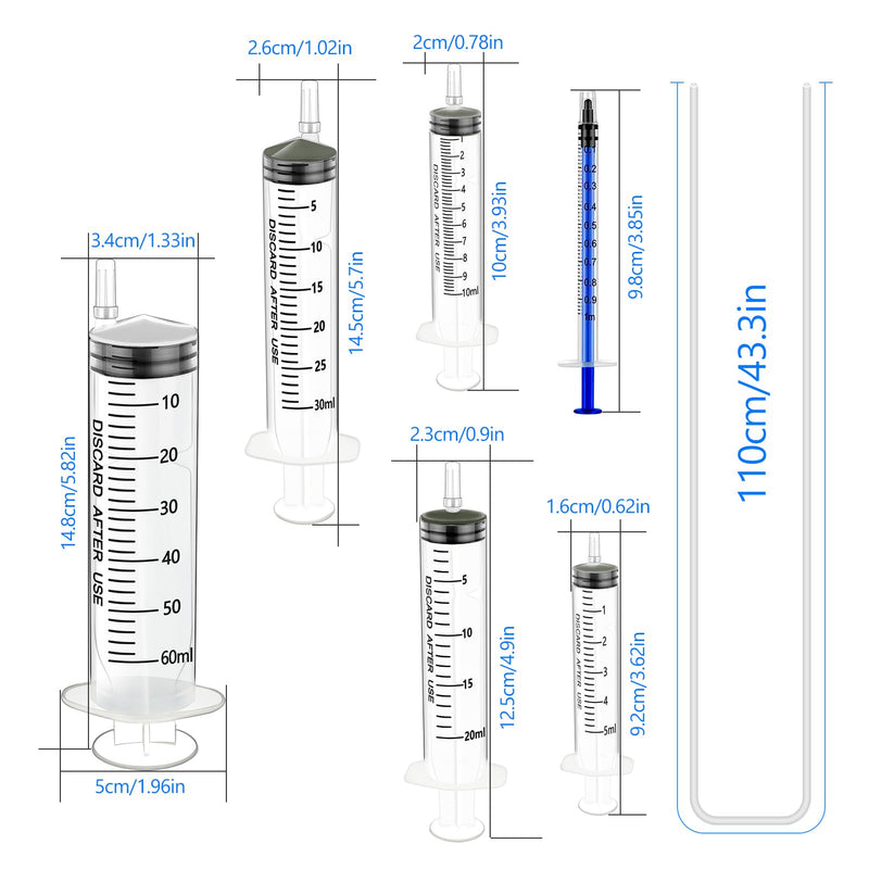 Pack of 6 Syringes 1 ml 5 ml 10 ml 20 ml 30 ml 60 ml Syringe with Hose Reusable Syringes Feeding Syringes for Scientific Laboratories Animal Feeding Plant Watering