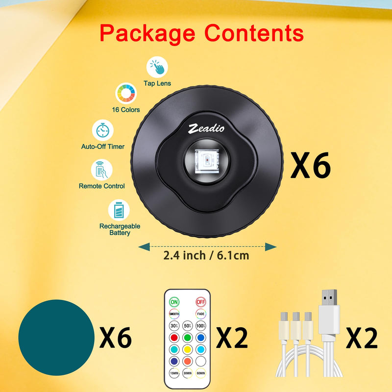 Zeadio LED Puck Cabinet Lights with Remote Control, Rechargeable Under Cabinet Lighting Stick on Tap Push Dimmable Push Lights for ‎Living Room, Bedroom, Storage Room etc (Pack of 6) Pack of 6