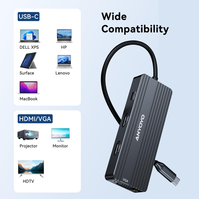 ANYOYO USB C Docking Station Dual HDMI Monitor Adapter 8-in-1 USB C HUB 3 Monitors Adapter with 4K HDMI +VGA +PD100W+Audio Laptop Docking Station for Dell/Lenovo/HP/Samsung/ASUS (Black) Black
