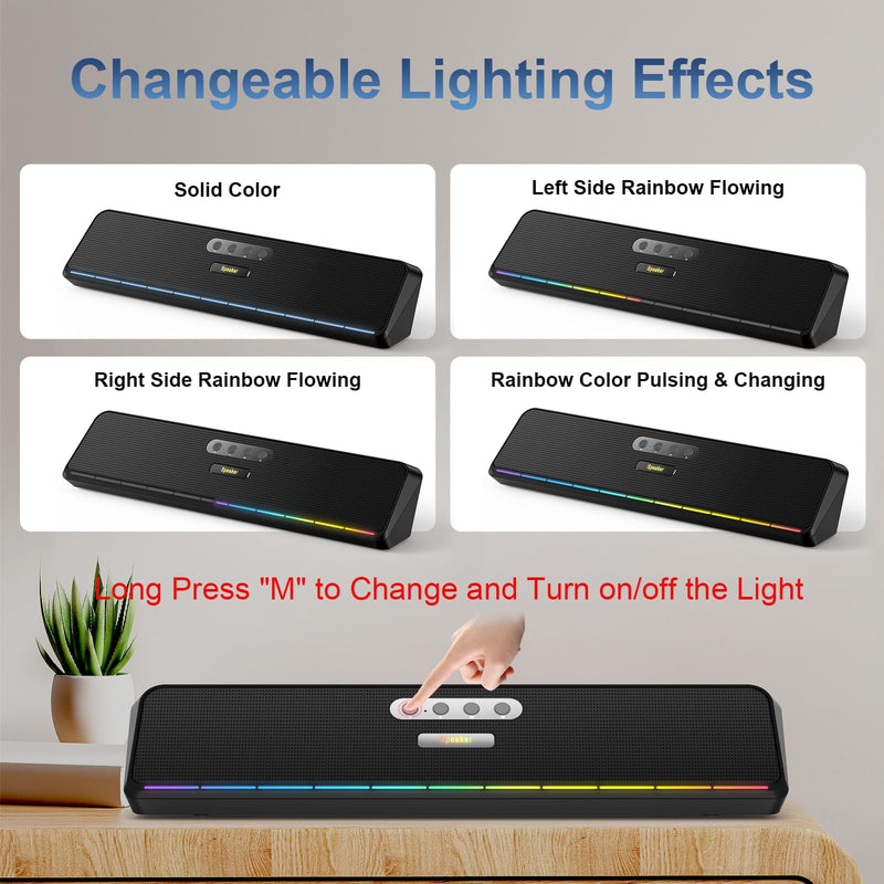 Desktop Computer Speakers for Laptop Tablet, Wired USB Mini Sound Bar Speaker with Stereo Sound, Vibrating Diaphragms, Flowing LED, Plug-n-Play PC Speakers Computer Sound Bar, Bluetooth & USB Input