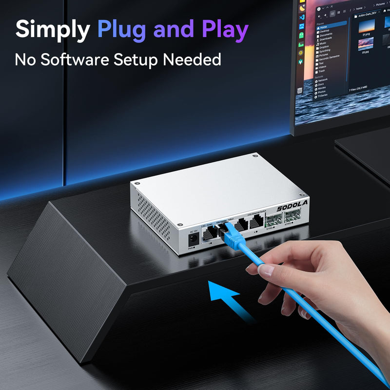 SODOLA 2.5Gb Switch,4 x 2.5G Base-T Ports, 2 x 10G SFP+, Aluminum Alloy Cooling & Magnetic Mounting,2.5 Gigabit Network Switch Fanless Plug & Play, Unmanaged Multi-Gigabit Switch,Lifetime Protection 4X2.5G RJ45+2x10G SFP+(Unmanaged)