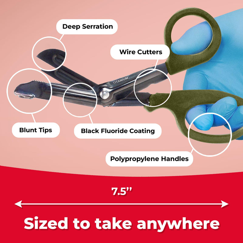 Ever Ready First Aid Titanium Bonded Bandage Shears 7 1/4" Bent - Drab Olive Green - 2 Pack - Autoclavable 2-Pack