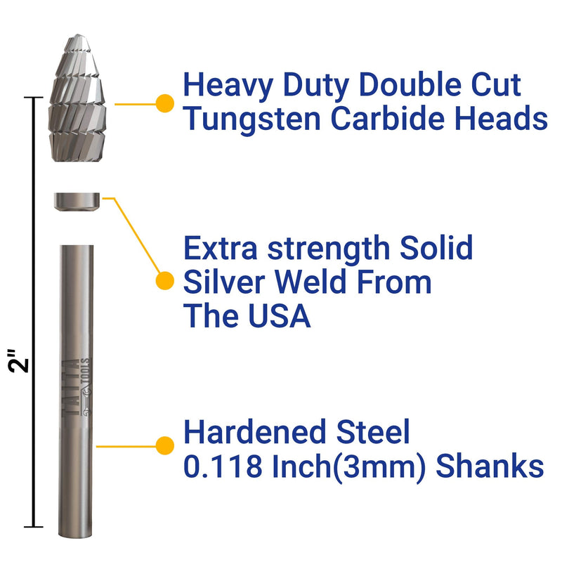 10PC Double Cut Carbide Burr Set 0.118" (3mm) Shank, Rotary Tool Bits Cutting Burrs - Dremel Accessories Fordom, Flex Shaft, Dewalt and Die Grinders - Wood Carving bits Metal Working and Engraving