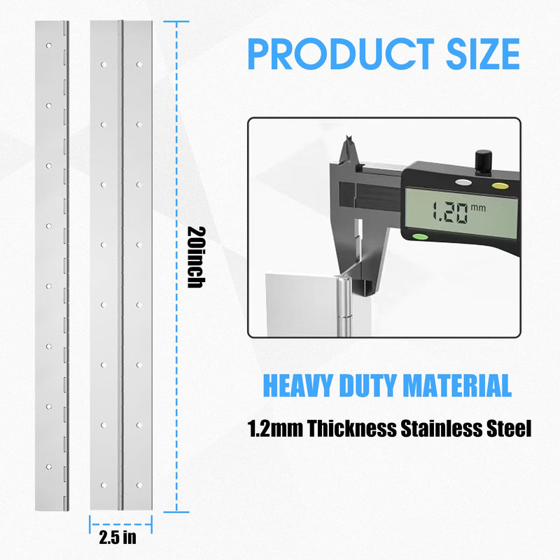Heavy Duty Piano Hinge 20Inch x 2-1/2Inch, 2PCS 0.06" Thickness Stainless Steel Continuous & Piano Hinges for Wood Furniture Mailbox Tool Storage Boxes Cabinets Door Hinges-Silver Silver