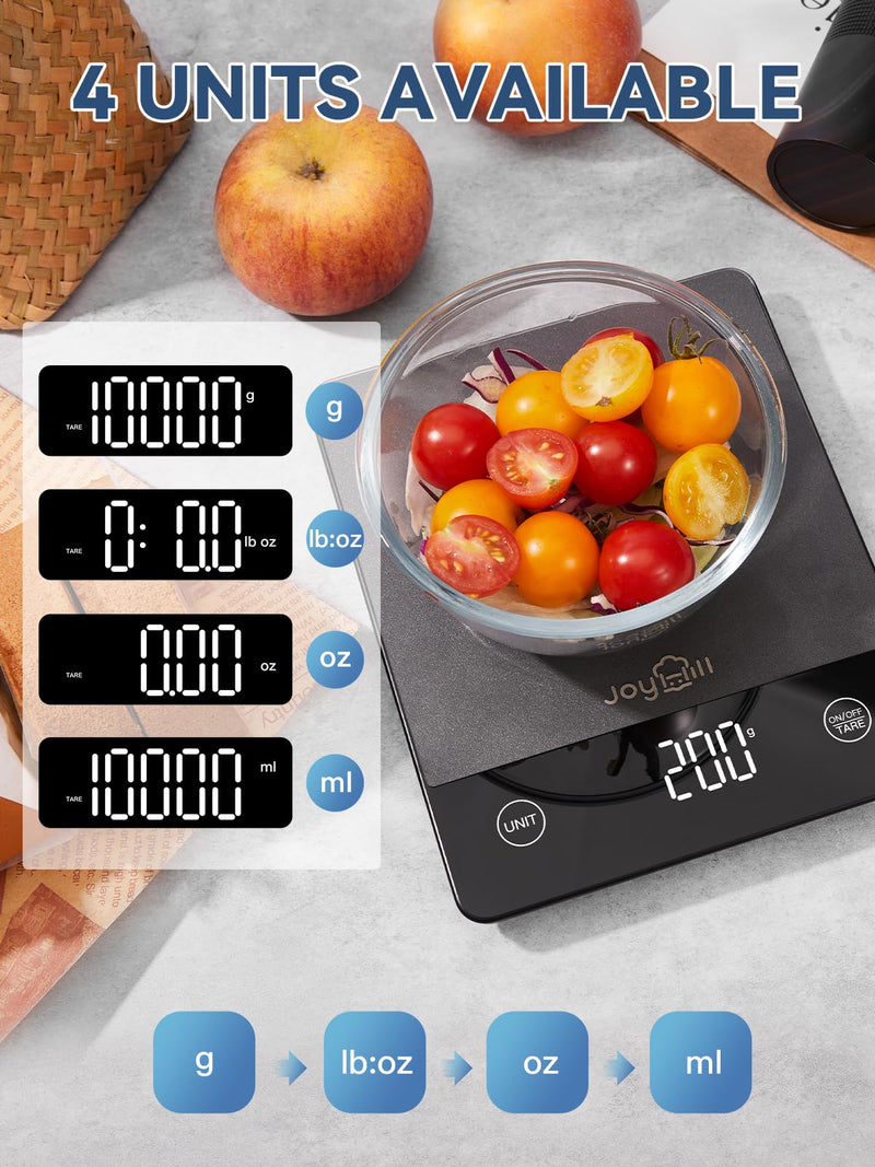 JOYHILL Food Scale, 22lb Digital Kitchen Scale Food Ounces and Grams for Weight Loss, Baking and Cooking, Premium Stainless Steel with LED Display, Batteries Included, Black