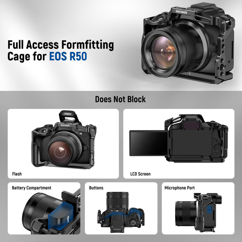 NEEWER R50 Camera Cage Compatible with Canon EOS R50, Aluminum Video Rig with NATO Rail, 1/4" Threads, 3/8" ARRI Holes, Cold Shoe, Anti Twist, Compatible with DJI Gimbals Arca Type QR System, CA031