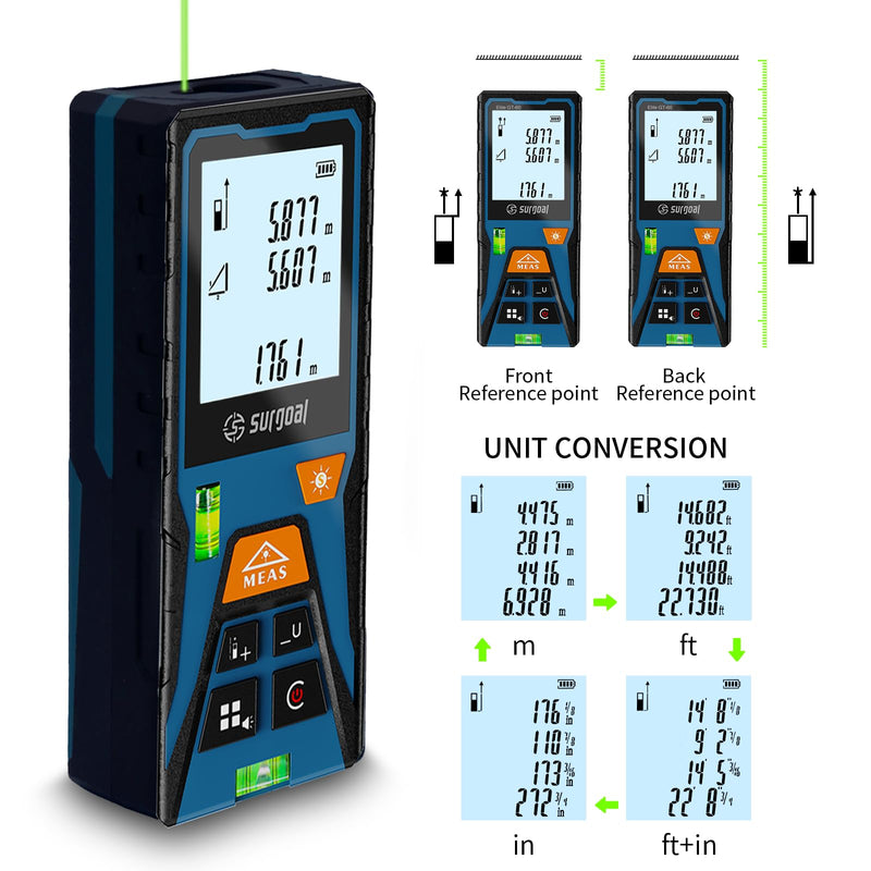 Laser Distance Meter Digital Laser Measuring Tool with LCD Backlit Display, Area Volume Pythagorean, ±2mm Accuracy, Class II, Electronic Tape Measure for DIY Construction – AAA Battery Powered Blue Green 393FT
