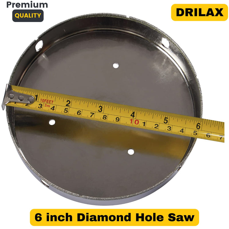 Drilax 6 Inch Diamond Hole Saw | 3/8" Shank, 1-1/8" Depth | for Recessed Lights, Toilet Flanges, Large Drains | Drills Porcelain, Granite, Glass, Tile