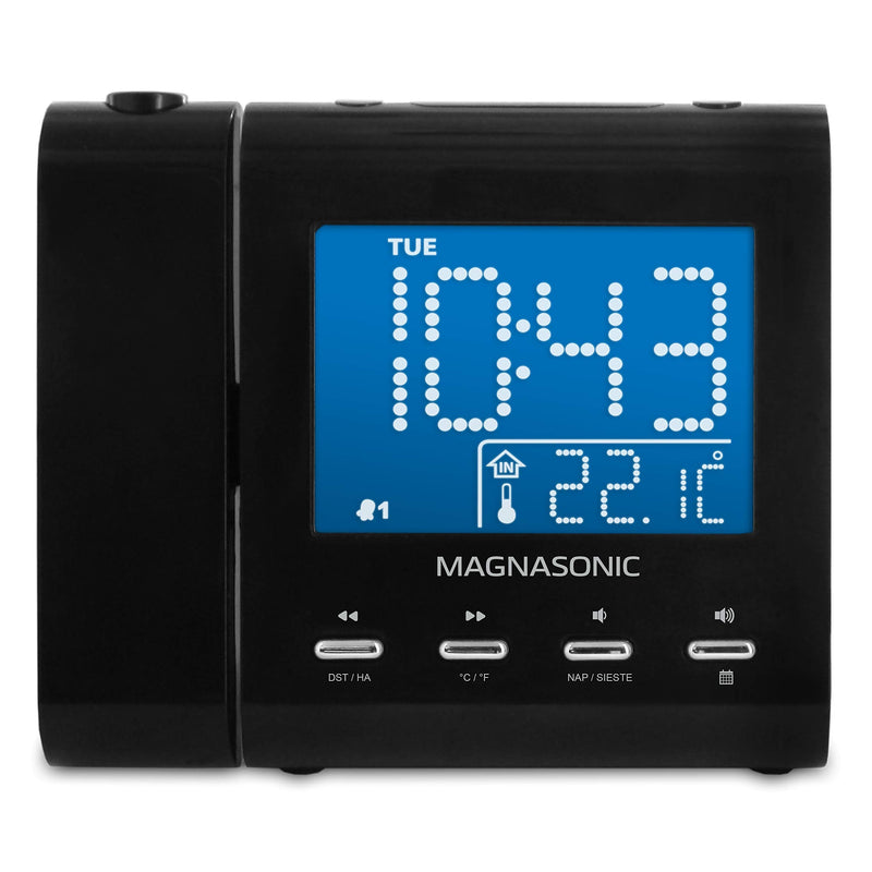 Magnasonic Projection Alarm Clock with AM/FM Radio, Battery Backup, Auto Time Set, Dual Alarm, Nap/Sleep Timer, Indoor Temperature/Date Display with Dimming & 3.5mm Audio Input - Black (EAAC601) Black Body